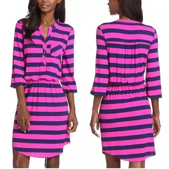 Lilly Pulitzer Beckett Dress Size Small Mambo Pink Blue Stripe Knee Length - Picture 4 of 10